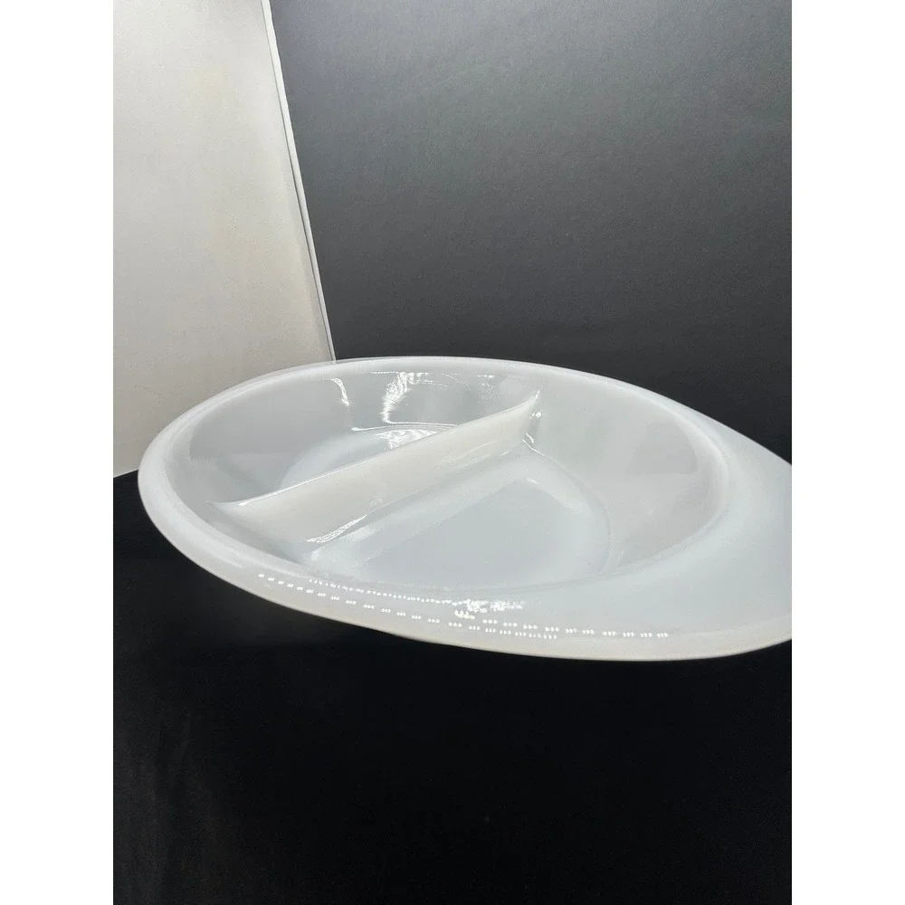 Glasbake J2352 Milk Glass Divided Serving Dish Green Floral Vine Oval Vintage
